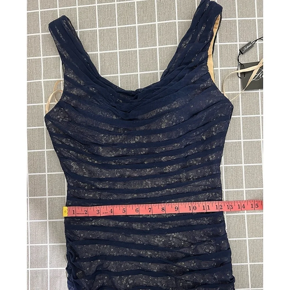 La Femme Navy Blue & Gold Sleeveless Sequin Gown